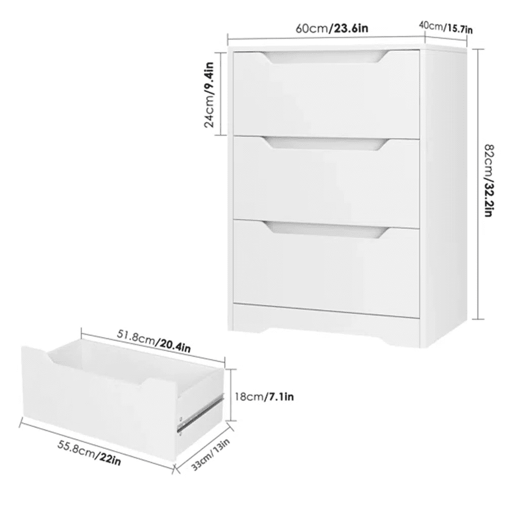 Homfa 3 Drawer White Dresser, 23.6”W Nightstand, Wood Chest of Drawer with Cutout Handles for Bedroom Living Room