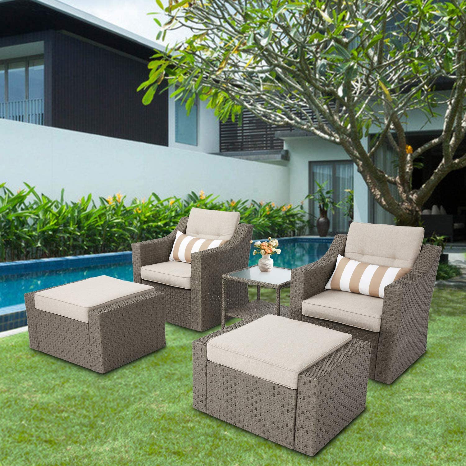 SUNCROWN 5-Piece Outdoor Patio Conversation Set Wicker Furniture Sofa Set for 2 with Table and Ottomans, Neutral Beige - image 2 of 7