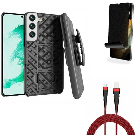 10ft USB Cable & Case Belt Clip & Privacy Screen Protector for Samsung Galaxy S22 Plus (S22 ) - Combo Type-C Charger Cord Power & Holster Swivel Cover & TPU Film (Fingerprint Works) Anti-Peep