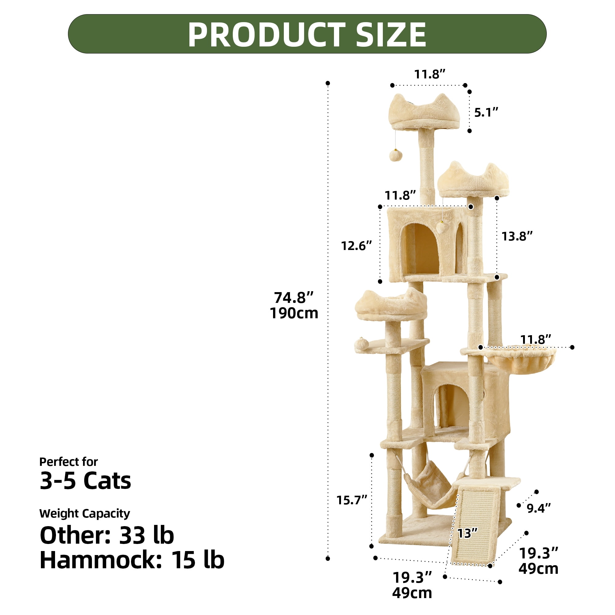 Uforic 75" Tall Cat Tree, Multi-Level Cat Tower with Condos, Hammocks, Scratching Posts, Beige