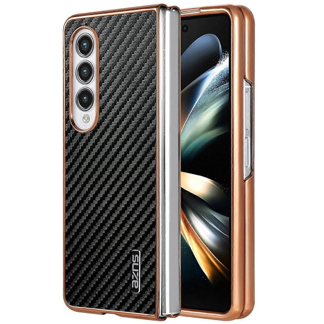 AZNS For Samsung Galaxy Z Fold4 5G Case Electroplating Carbon Fiber Texture PU TPU Phone Cover - Bla