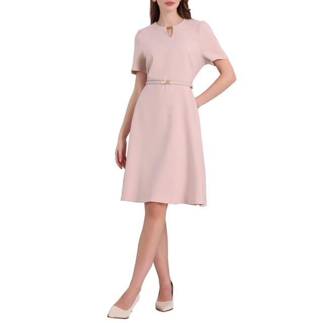 VESTIDO DE COCTEL A-LINE CHIC INSPIRADO PARA MUJERES CON CUELLO CHOKER, MANGA CORTA, CINTURÓN, ELEGANTE Y ACAMPANADO, COLOR ROSA