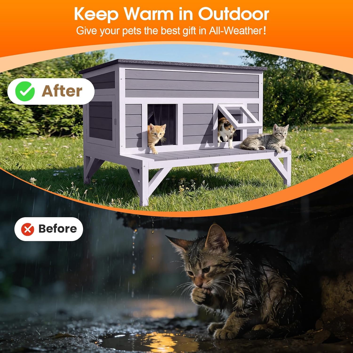 HomeSheek 40.4" Large Wooden Cat House, Weatherproof Shelter with Platform, Easy Cleaning Safe Indoor/Outdoor Home(with Elevated Base)