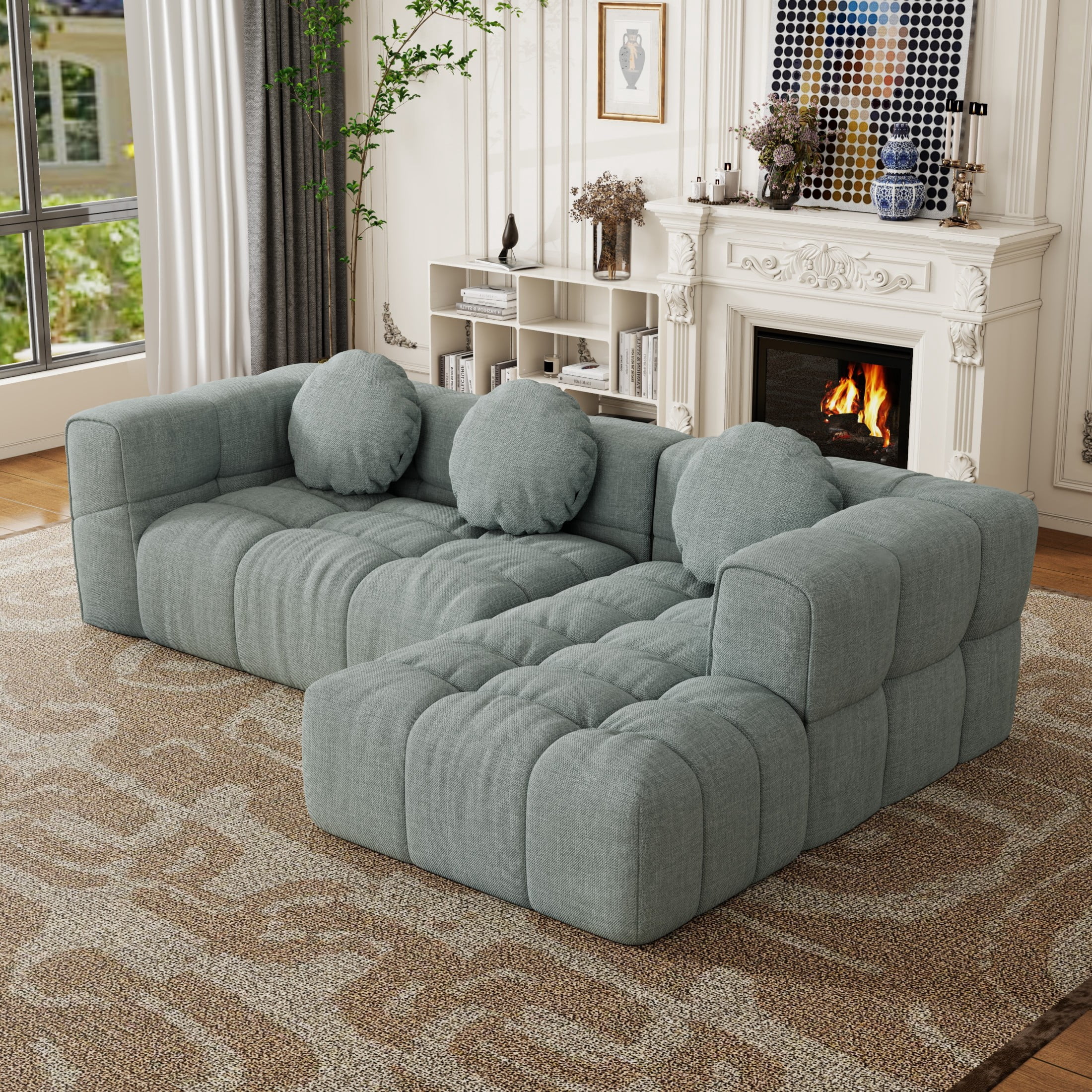 103"Compressed Sofa, Modular Sectional Sofa with Pillows and Right Side Recliner, L Shape Sofa for Living Room, Free Combination, Couch in a Box, No Assembly, Blue Gray
