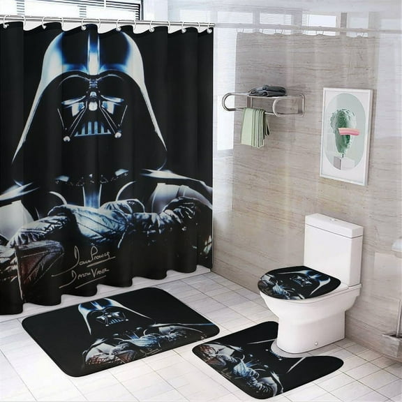 4 Pcs Shower Curtain Set Darth Vader Shower Curtain with 12 Hooks, Non-Slip Rugs,Toilet Lid Cover And Bath Mat for Bathroom Decor