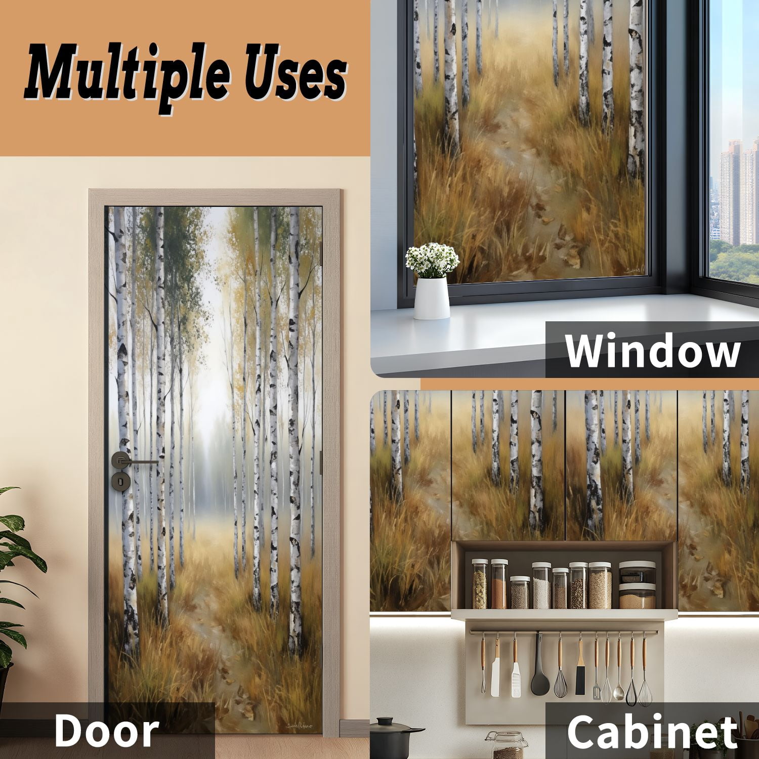 Self Adhesive Vinyl Refrigerator Wrap Set Early Morning Mist Leaf Dotted Grass Landscape Door Mural Removable Fridge Sticker Peel and Stick&nbsp;Full Door Cover Decal Kitchen Bar Decor