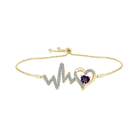 AFFY Heart Simulated Amethyst & White Cubic Zirconia Heartbeat Bolo Bracelet 14k Yellow Gold Over Sterling Silver-8.5"