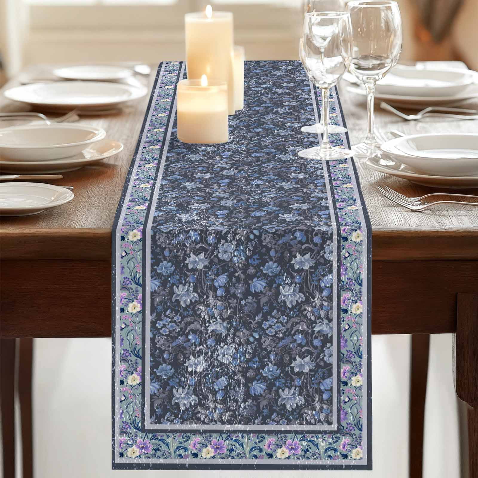 Table Runners 72 Inches Long Dress Scarves, Navy Blue Floral Boho Farmhouse Kitchen/Dining Table Runner, Coffee Tablerunners, Ethnic Tribe Abstract Art Flower 16x72 Inch