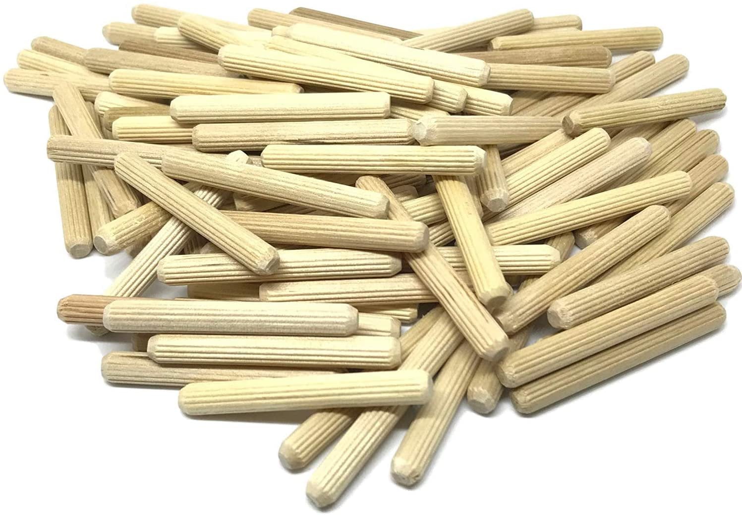 100 Pack 1/4' x 1 1/2' Wooden Dowel Pins Wood Kiln Dried Fluted and Beveled, Made of Hardwood in U.S.A