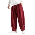 thumbnail image 2 of Men's Casual Loose Solid Color Linen Pants, Cotton Linen Wide Leg Harem Trousers Chinese Style for Bohemian Fashion and Comfort,Red,3XL, 2 of 8