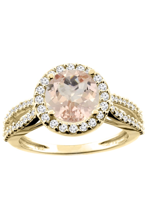 14K Yellow Gold Natural Morganite Ring Round 8mm Diamond Accent, size 9.5