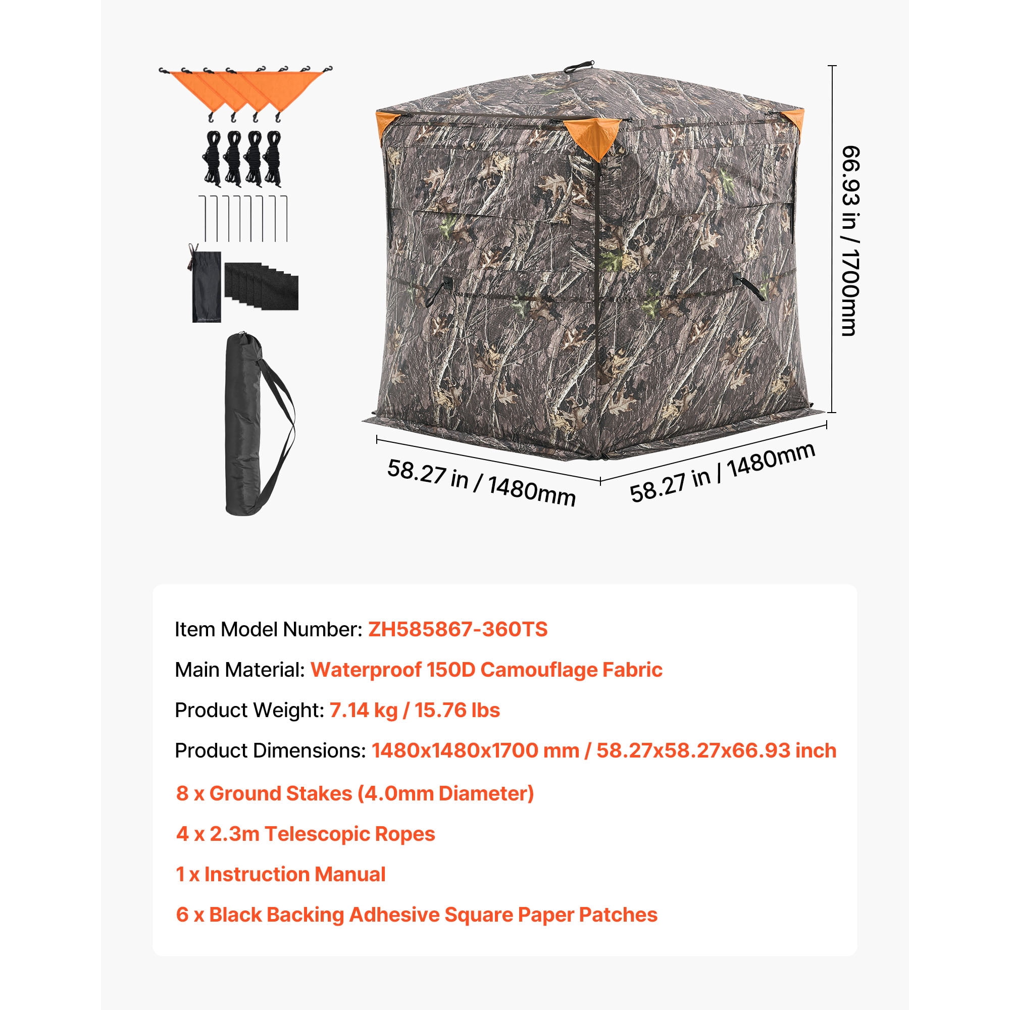KFFKFF Hunting Blind for 2-3 People, See-Through Ground Tent with Carrying Bag, 360-Degree Portable Camouflage Shelter, Durable Concealed Design with Quiet Side Door and Window