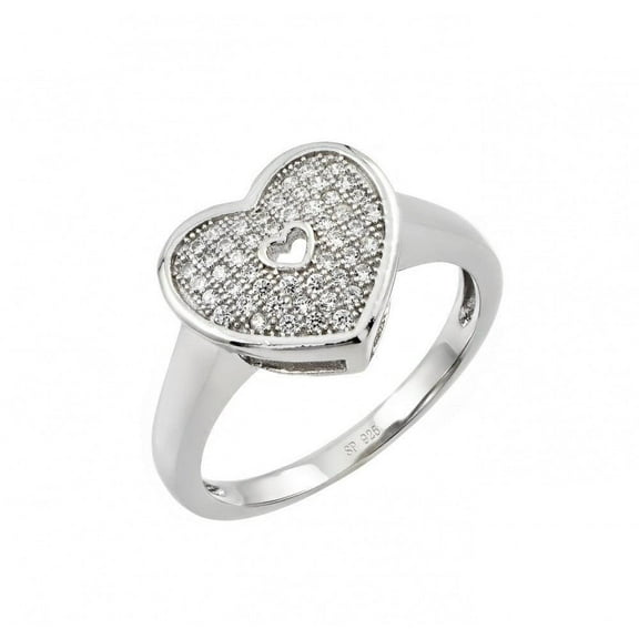 Rhodium Plated Sterling Silver 925 Micro Pave Heart Ring Band White CZ Jewelry Female Size 6