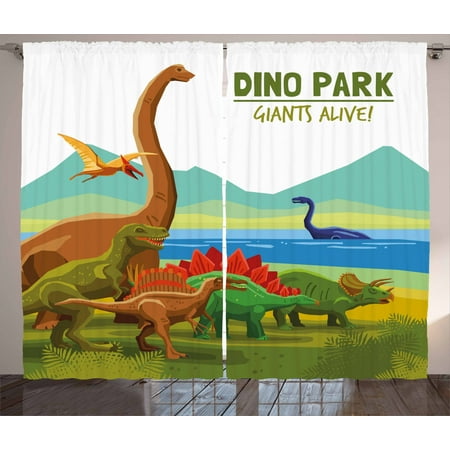 Dinosaur Curtains 2 Panels Set Flying Swimming And Land Dinosaurs