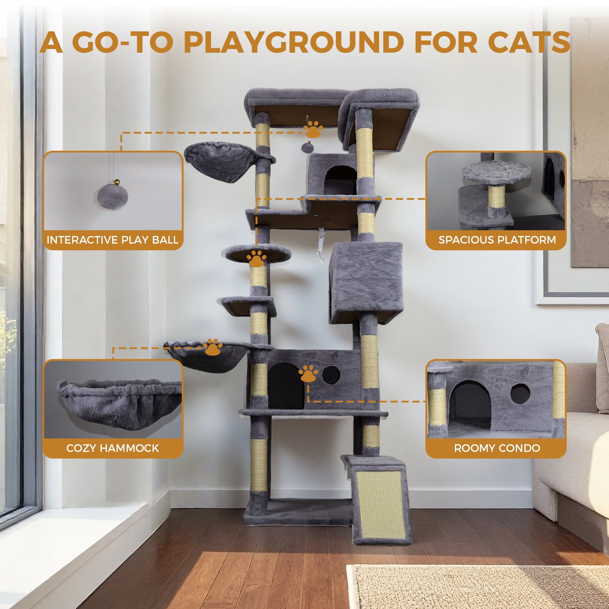 Jopath 84.6 in Dark Gray Cat Tree Tower with Wide Base, 3 Large Hinding Condo, 11 Sisal Scratching Post,2 Hammocks, Large Top Platform, Many landing Perch and Interactive toy