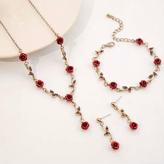 GKNET 1Set Light Luxury Vintage Fashion Rose Flower Necklace Bracelet Earrings _tu-A3
