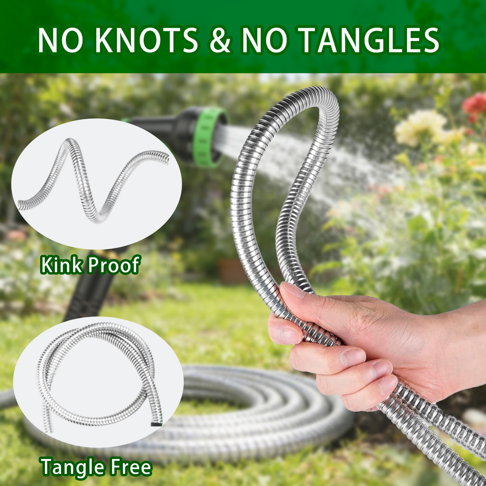 Garden Hose 50FT, Stainless Steel Heavy Duty Water Hose with 10 Function Nozzle, No-Kink, Tough & Flexible, Sturdy and Lightweight, Rust Proof for Yard, Outdoor, RV