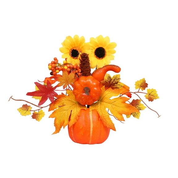 DAMAI Thanksgiving Fall Artificial Potted Flowers Fall Decor, 9 Inch Artificial Pumpkins Fall Decorations, Fake Potted Plants with Pumpkin, Sunflower, Maple Leaf, Pine Cone for Autumn Harvest Decor