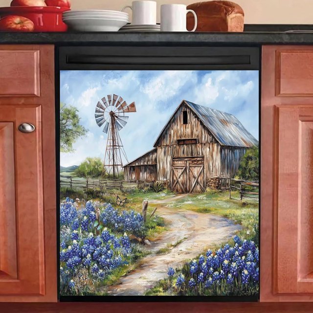 Rustic Farmhouse Barn Flowers Magnetic Dishwasher Cover,Vintage Country Scenery Windmill Kitchen Decor Dishwasher Magnet Decals,Refrigerator Magnet Sticker Appliance Cover Protector,23Wx26H