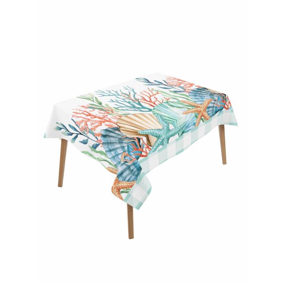 Nautical Coastal Table Cloth, Waterproof Tablecloth for Rectangle Tables, Summer Sea Corals Shells Starfish Green Plaid Reusable Washable Fabric Table Cover for Restaurant Kitchen Dining 60"x84"