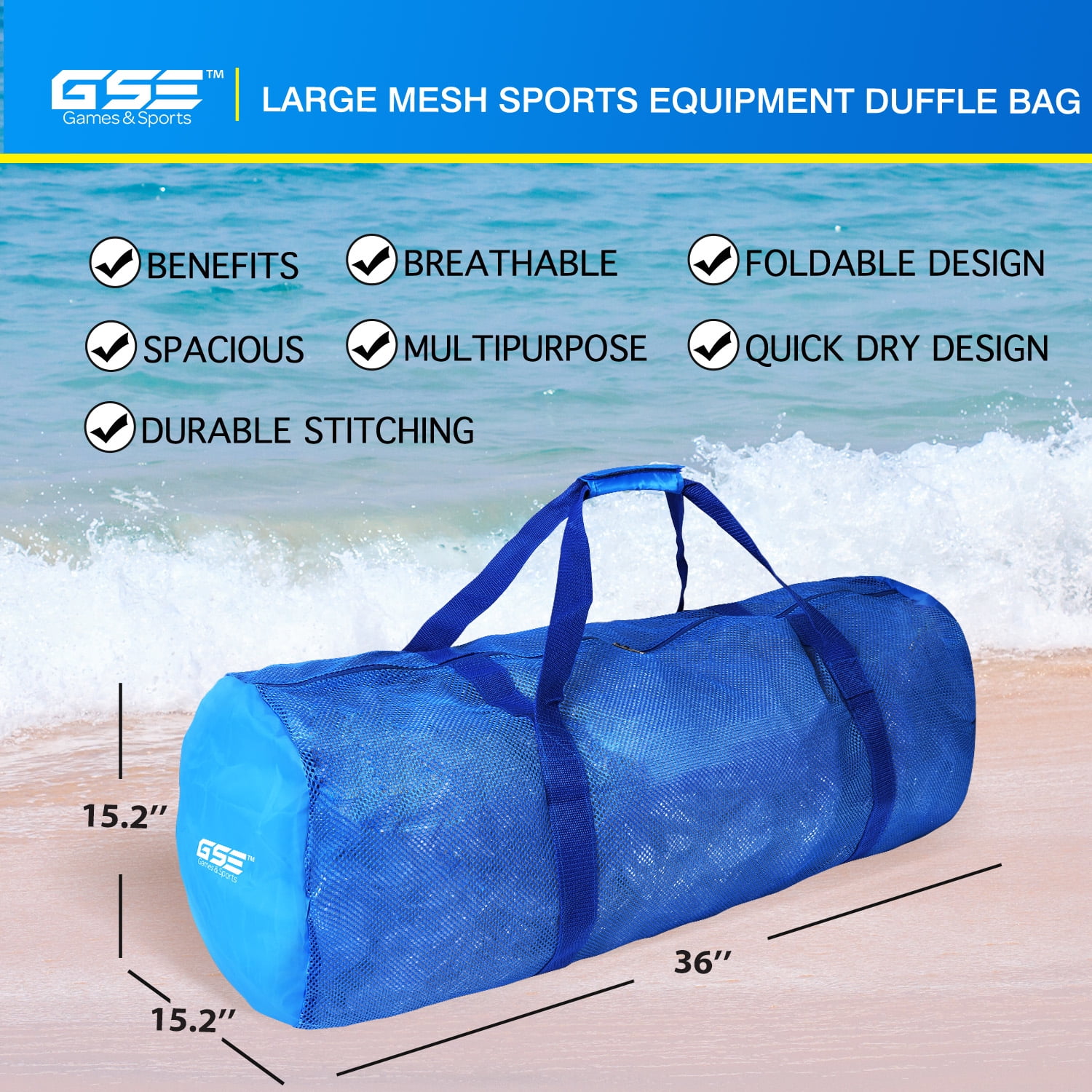 GSE Games & Sports Expert 6 Pack Large Mesh Duffel Bag with Zipper. Sport Equipment Scuba Bag for Sport Balls, Team Practice, Swimming Gear, Diving, Rafting, Water Sports - Blue