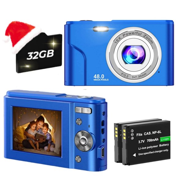Digital Camera,FHD 1080P 48MP 16X Digital Zoom,Beginner's Camera,Compact Mini Camera with 2 Batteries,32GB SD Card-Blue