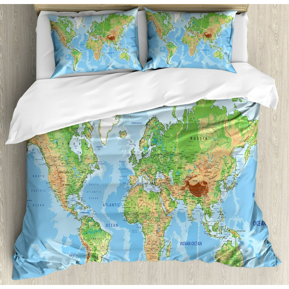 World Map Duvet Cover Set, Topographic Map of the World Continents