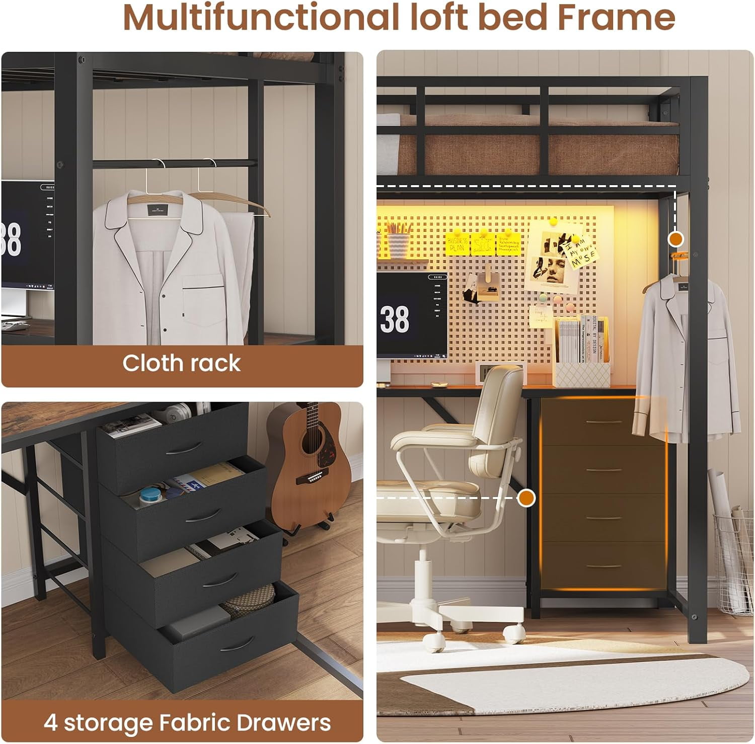 Twin Size Loft Bed with Power Outlet and LED Lights, Metal Loft Bed Frame with L Shape Desk and 4-Tier Storage Shelves, No Box Spring Needed,  Black