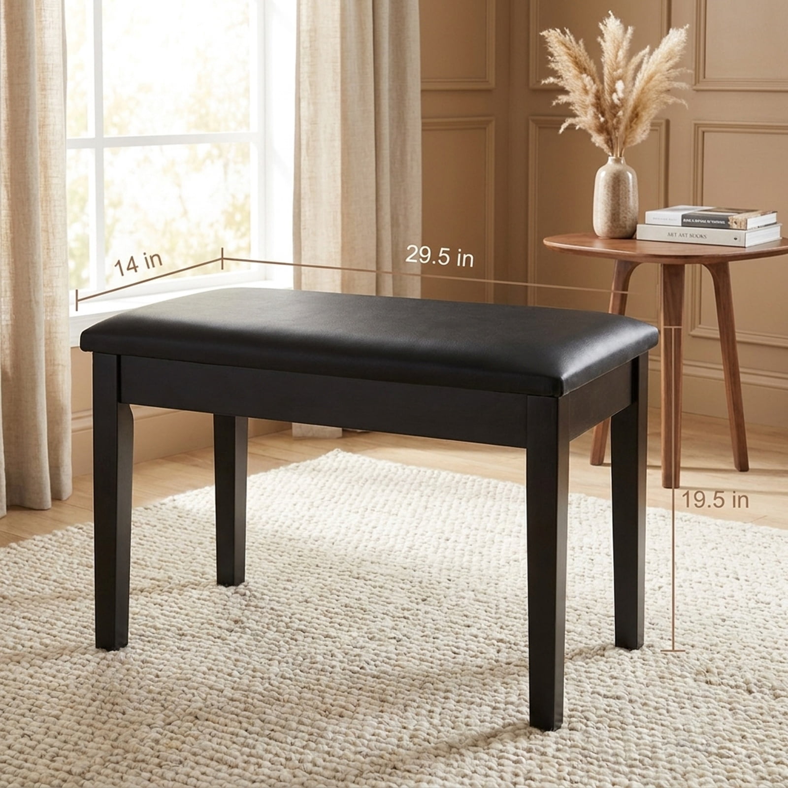 Furnibear Solid Wood Padded Piano Bench with PU Leather Seat and Hidden Storage Compartment for Keyboard Music Room Studio Home Seating, Black