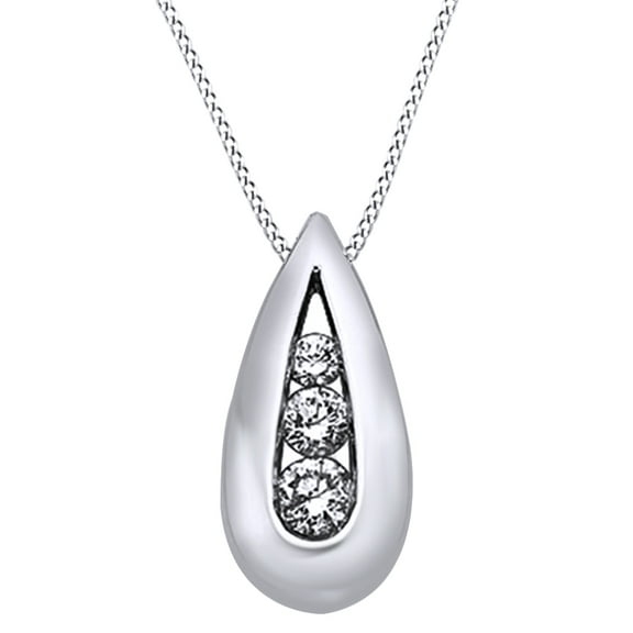 AFFY White Natural Diamond Three Stone Teardrop Pendant Necklace in 14K Solid White Gold (0.33 Ct)