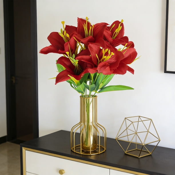 Plantas Verdes Artificiales De Plástico 1 unidad de flores artificiales de lirio rojo con tallos de plástico para decoraciones de bodas,centros de mesa y arreglos florales para el hogar. Rkxzt