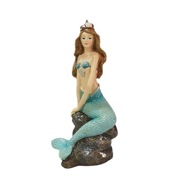 Mermaid Figurine for Coastal Home Decor, Hand-Painted Resin Mermaid Statue on Rock, Beach House Ocean Decor for Bathroom, Living Room, Shelf, Mantel, Tabletop & Nautical Gift