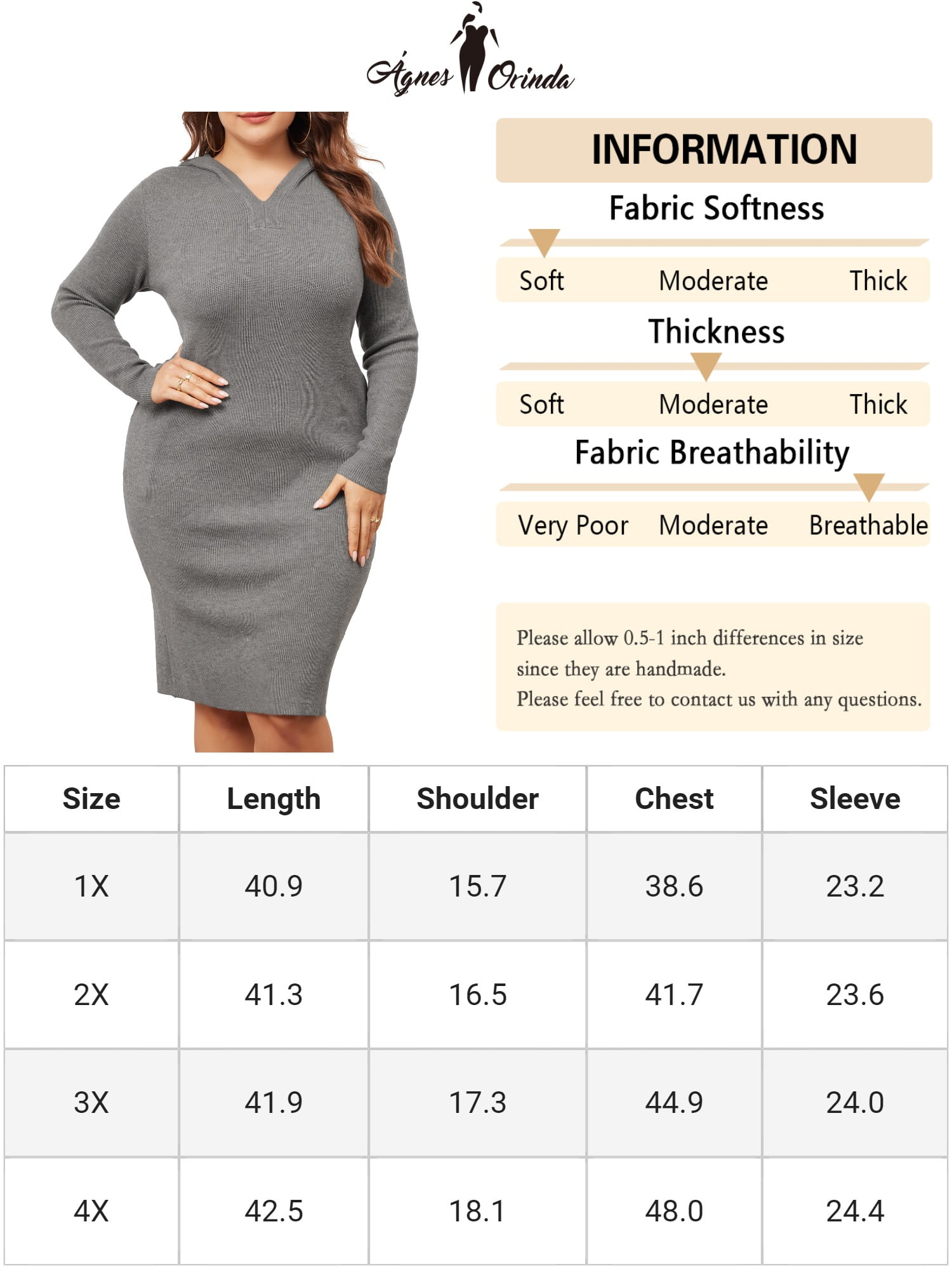 DARING DIVA Plus Size Women Fall Sweater V Neck Knit Pullover Dress 4X Grey