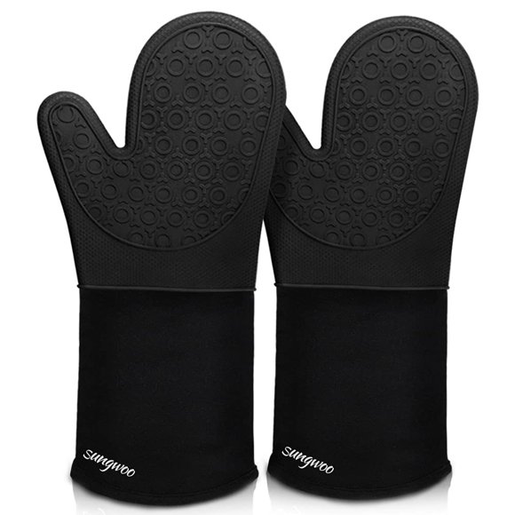 Sungwoo Gants de Four Extra Longs en Silicone, Gants de Four Résistants à la Chaleur avec Doublure Matelassée Antidérapante, Parfaits pour BBQ, Cuisson et Grillades - 14.6 Pouces Noir