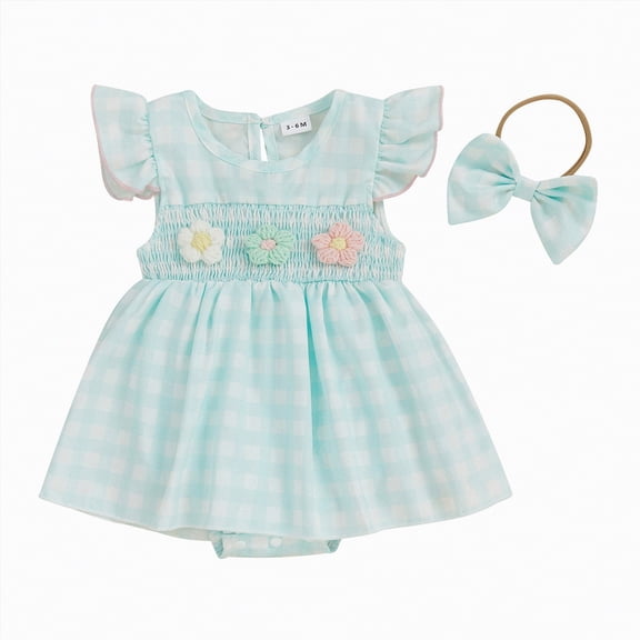 Hessimy Newborn Infant Baby Girl Bubble Romper Bow Embroidery Plaid Puff Long Sleeve Smocked Bodysuit Cute Fall Clothes(Light Green