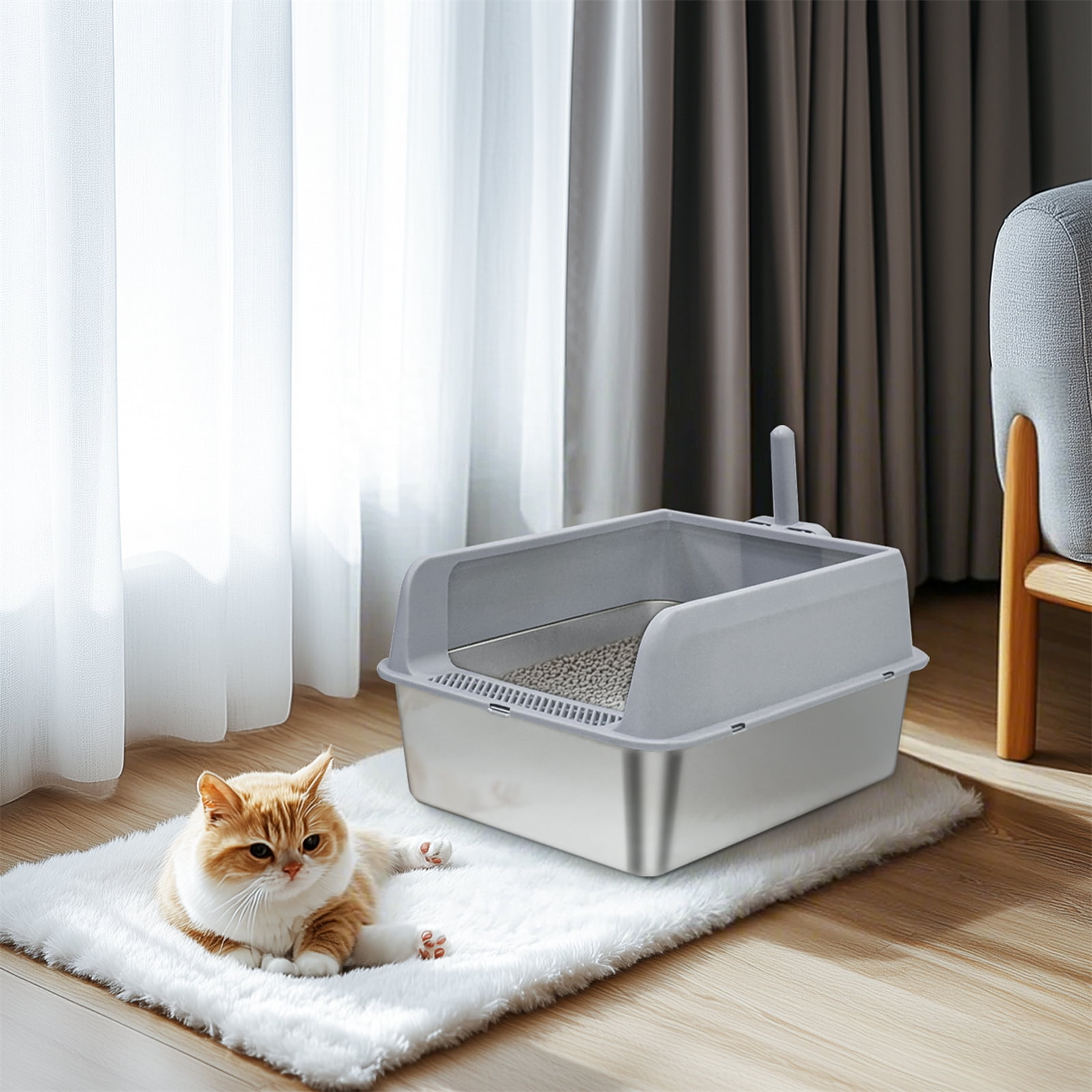BingoPaw Stainless Steel Large Cat Litter Box High Sided Pan Anti-Leakage with Spoon for Cats