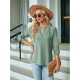 thumbnail image 3 of Blouses for Women Dressy Casual 3/4 Length Sleeve Womens Tops V Neck T Shirts with Roll Up Sleeve Dark Green S, 3 of 8