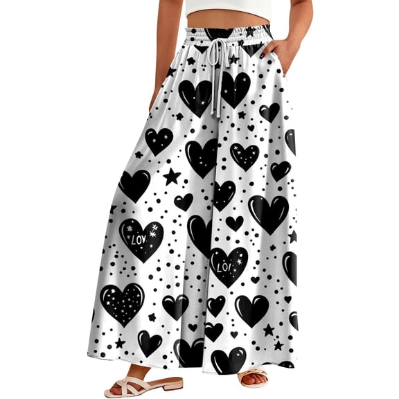 WTOBBY Women's High Waisted Wide Leg Pants Summer Casual Flowy with Pockets and Romantic Valentine's Day Print,Beach Trousers for Date Nights, Anniversary Celebrations and Couple Getaways,Black L