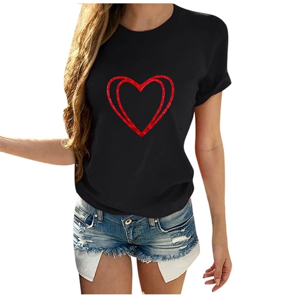 IROINNID Womens Fashion Printed Round Neck Black Short Sleeve Fashion T-shirt Blouse Loose Tops Spring Saving