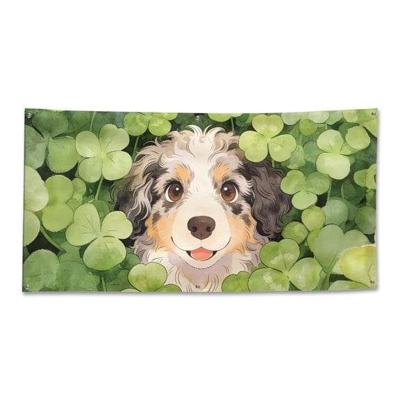 Happy Aussiedoodle Welcome St Patrick's Day Lucky Shamrocks Clover Fence Flag 48x24in Waterproof Doodle Dog Lover Outdoor Decor - 22001