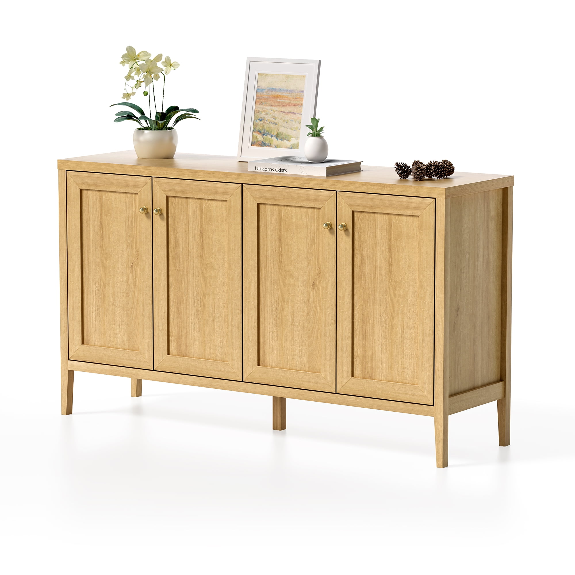 EYYTHUNG Farmhouse Storage Cabinet with 4 Doors, Adjustable Shelf Accent Cabinet, Modern Sideboard Buffet with Console Table Credenza for Living Room Kitchen, Natural Oak