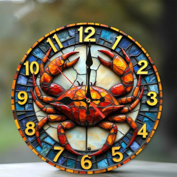 Stained Glass Crab Clock Wall Art Home Decor 10-Inch Silent Wooden Wall Clock, Battery Operated (AA Batteries Not Included), Artistic Home Decor