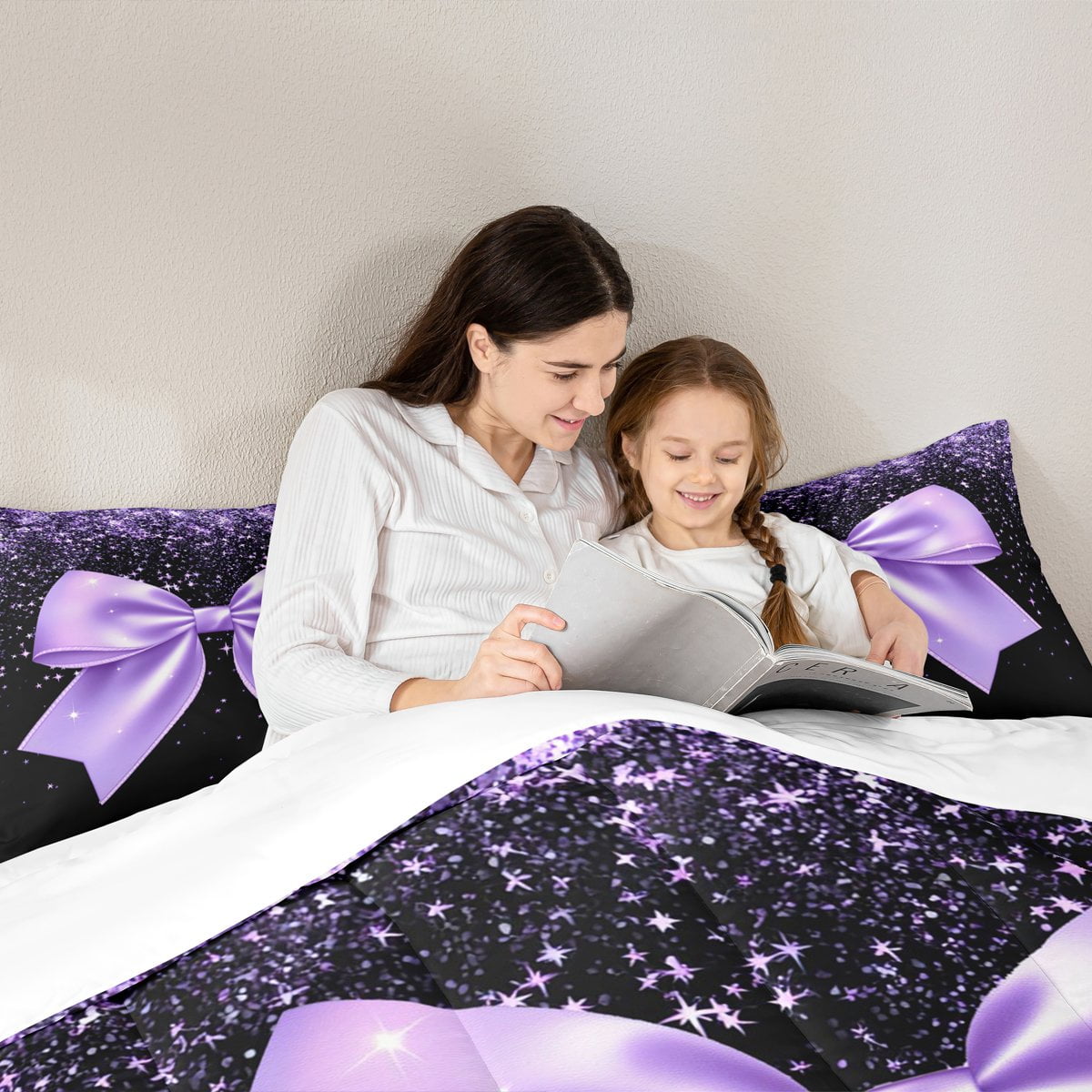 Manfei Princess Bling Bowknot Full Size Comforter Sets, Dreamy Glitter Bow-tie Bedding Comforter Set, Black Purple Cartoon Bedding Sets, Breathable Home Decor, 3pcs