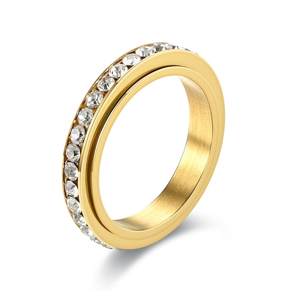 Iced Out Bling CZ Cubic Zirconia Rings 14K Yellow Gold Anxiety Fidget Spinner Rings for Women Men Anti Stress Jewelry