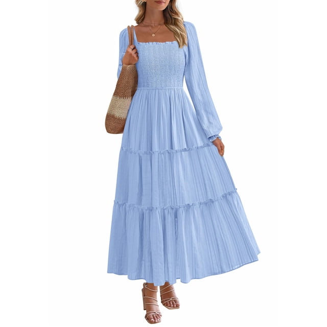 Vestido PRETTYGARDEN 2025 Maxi Azul Claro con Volantes y Cintura Fruncida Talle S