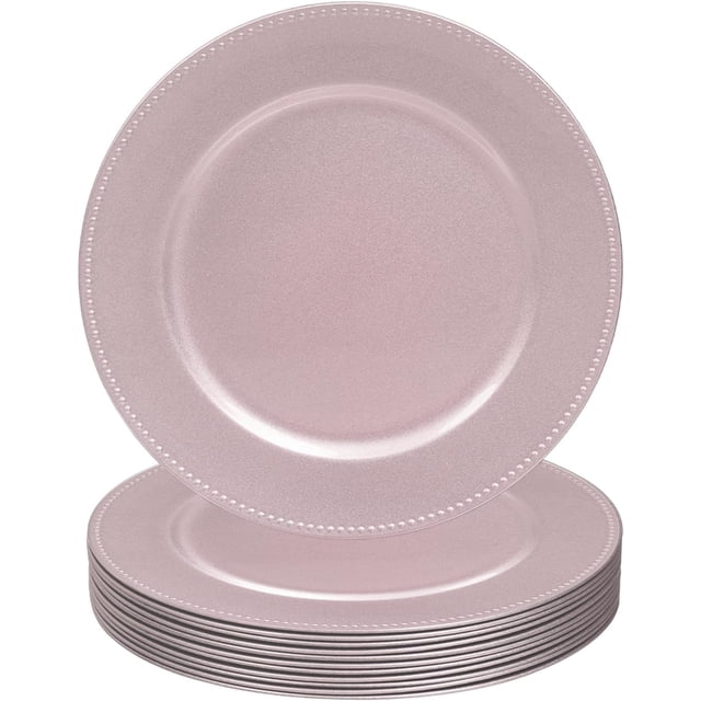 Platos de carga rosa de 13 pulgadas, placas de carga de plástico con abalorio, cargadores redondos para platos de cena, cargadores de platos para boda, decoración de mesa, juego de 12