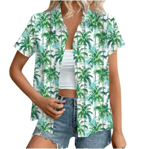 Youyipin Womens Tops Women's Hawaiian Button Down Shirts Casual Short Sleeve Floral Tropical Print Summer Blouse Tunic Top Beach Vacation Clothes For Women