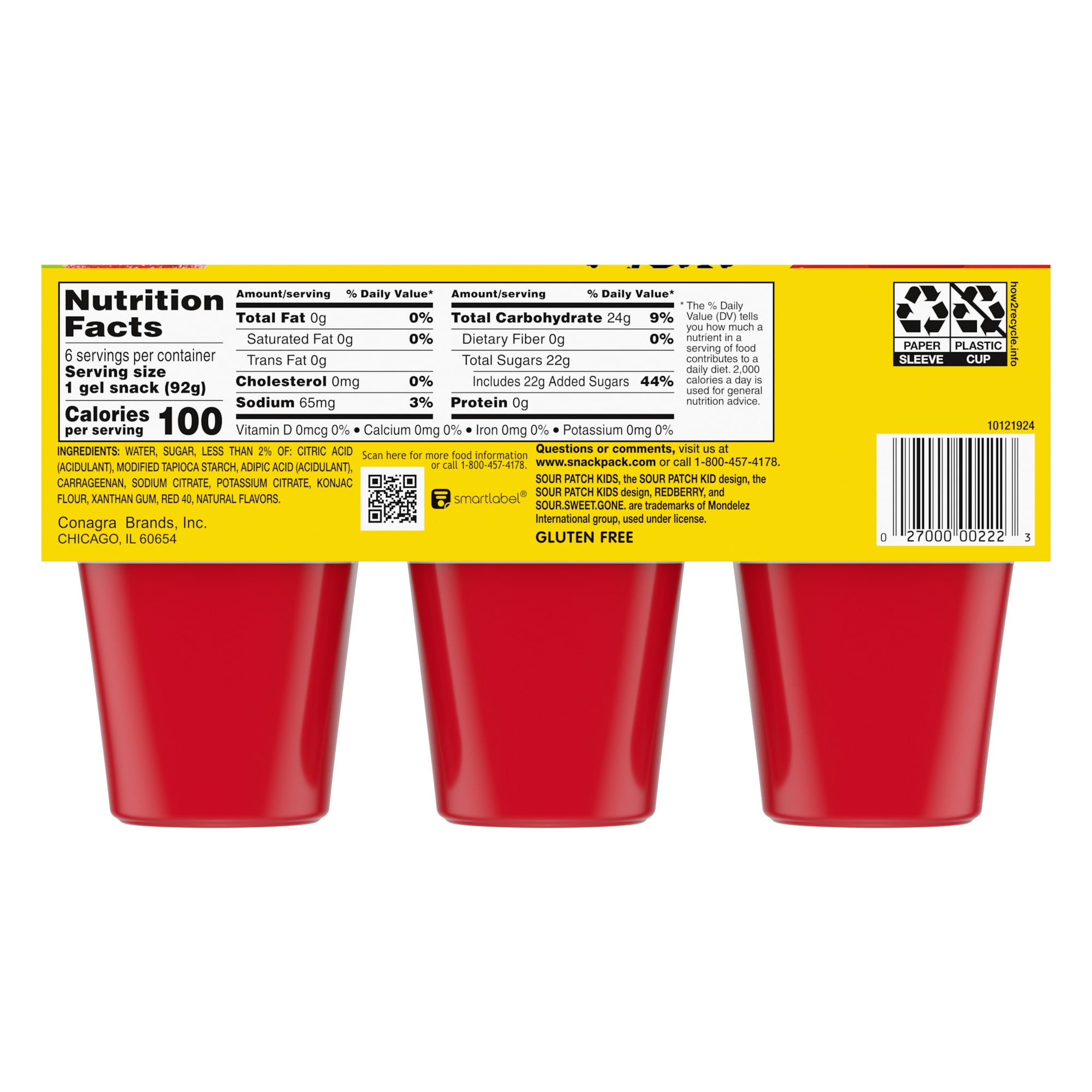 Snack Pack SOUR PATCH KIDS REDBERRY Flavored Juicy Gels Cups, 3.25 oz., 6-Count