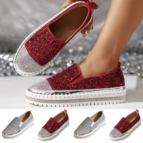 Women's Glitter Platform Loafers, Plus Size Comfortable Rhinestone Slip On Casual Shoes
