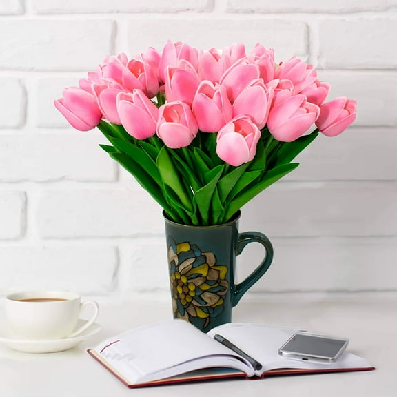 Artificial Flowers 10pcs Bouquet 14" Tall Real Touch Tulips, Pink PU Fake Tulips Flowers for Arrangement Wedding Party or Easter Spring Home Centerpiece Dining Room Office Table Decoration